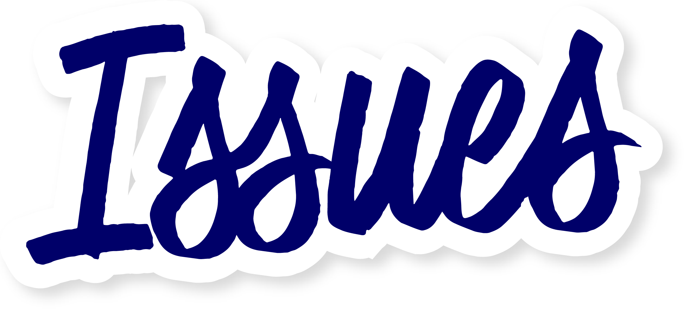 Illustration of the word "Issues" in bold, dark blue handwritten font with a thick white outline, set against a black background.