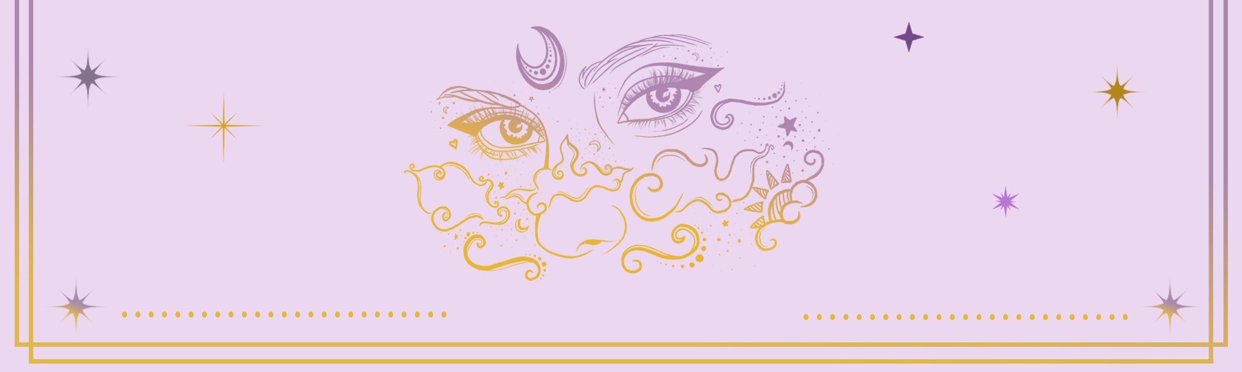 Illustration of a mystical face with eyes, a nose, and swirling clouds, surrounded by stars and moons on a lavender background.