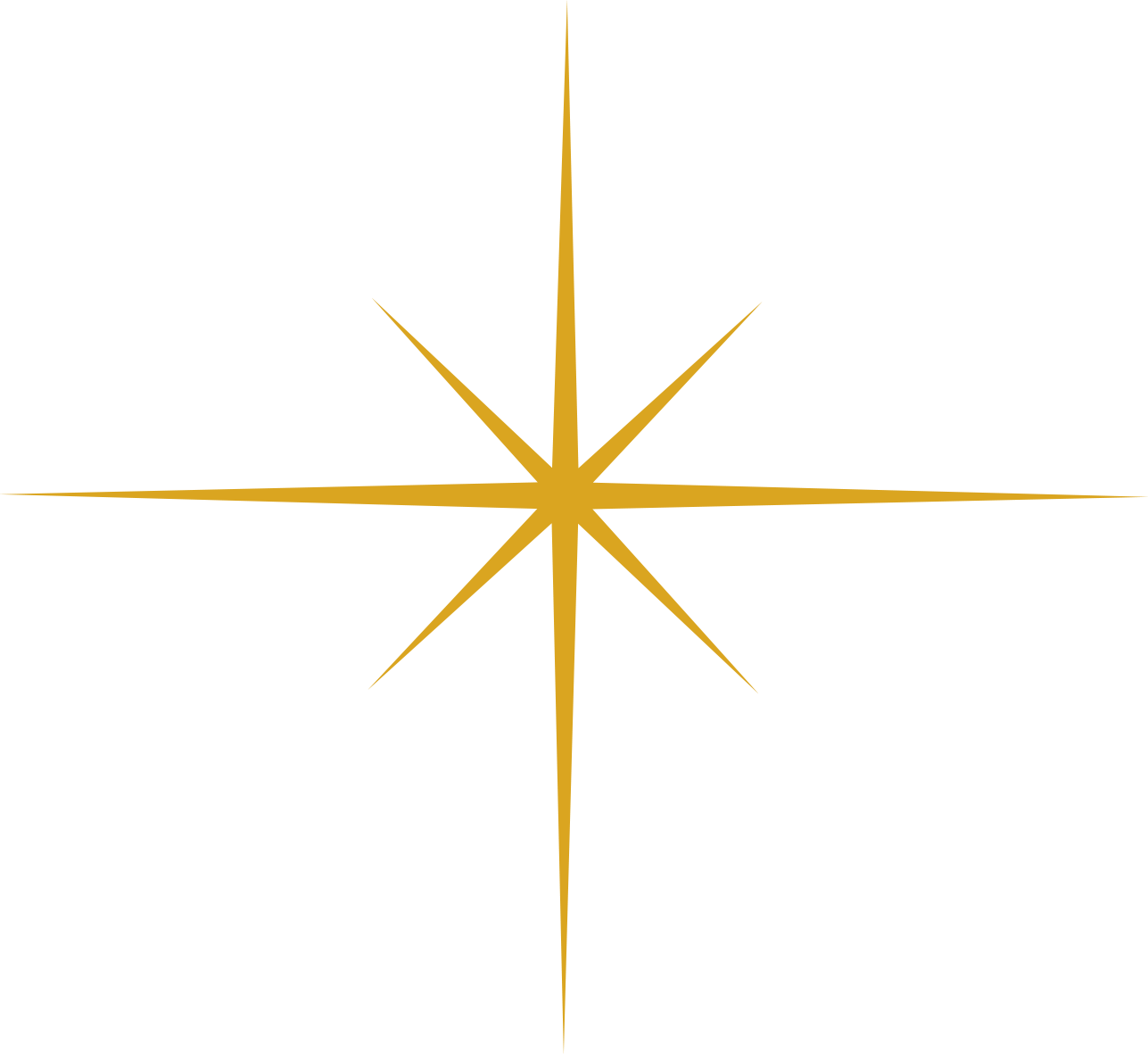 A gold star-shaped compass rose with eight points on a black background.