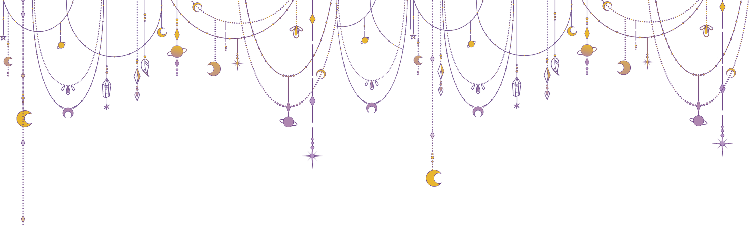 Decorative purple jewelry with crescent moons, stars, and geometric shapes hanging from ornate chains against a black background.