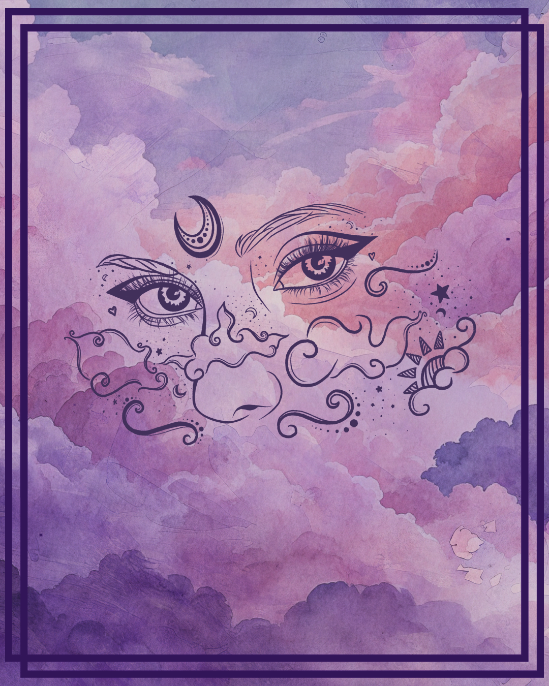 A watercolor background of purple and pink clouds with a line art illustration of a woman's face, featuring large expressive eyes, a crescent moon on the forehead, and decorative swirls, stars, and celestial symbols.