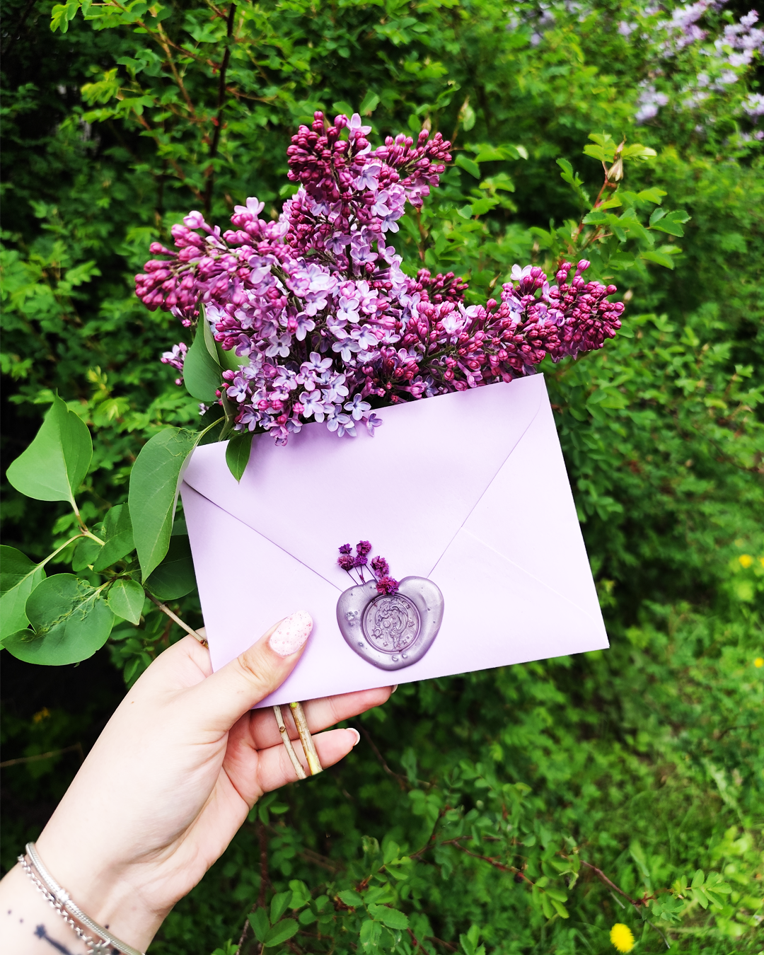 A hand holding a lavender envelope with purple lilac flowers inside, outside in a green garden.