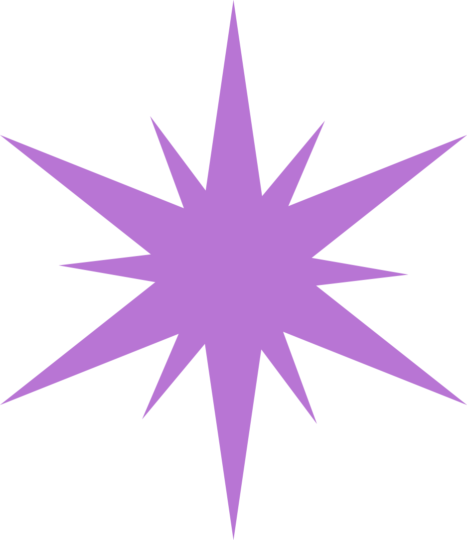 Purple starburst graphic with multiple sharp points on a black background.