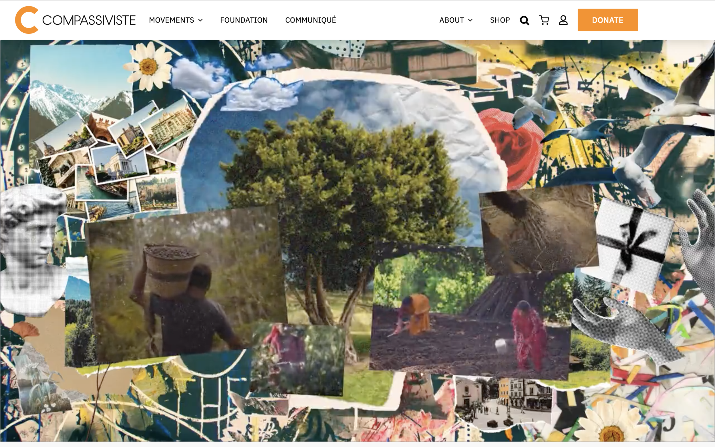 Collage of various nature and urban scenes, including trees, mountains, birds, people working in a field, and a small gift box, with additional abstract and artistic elements.
