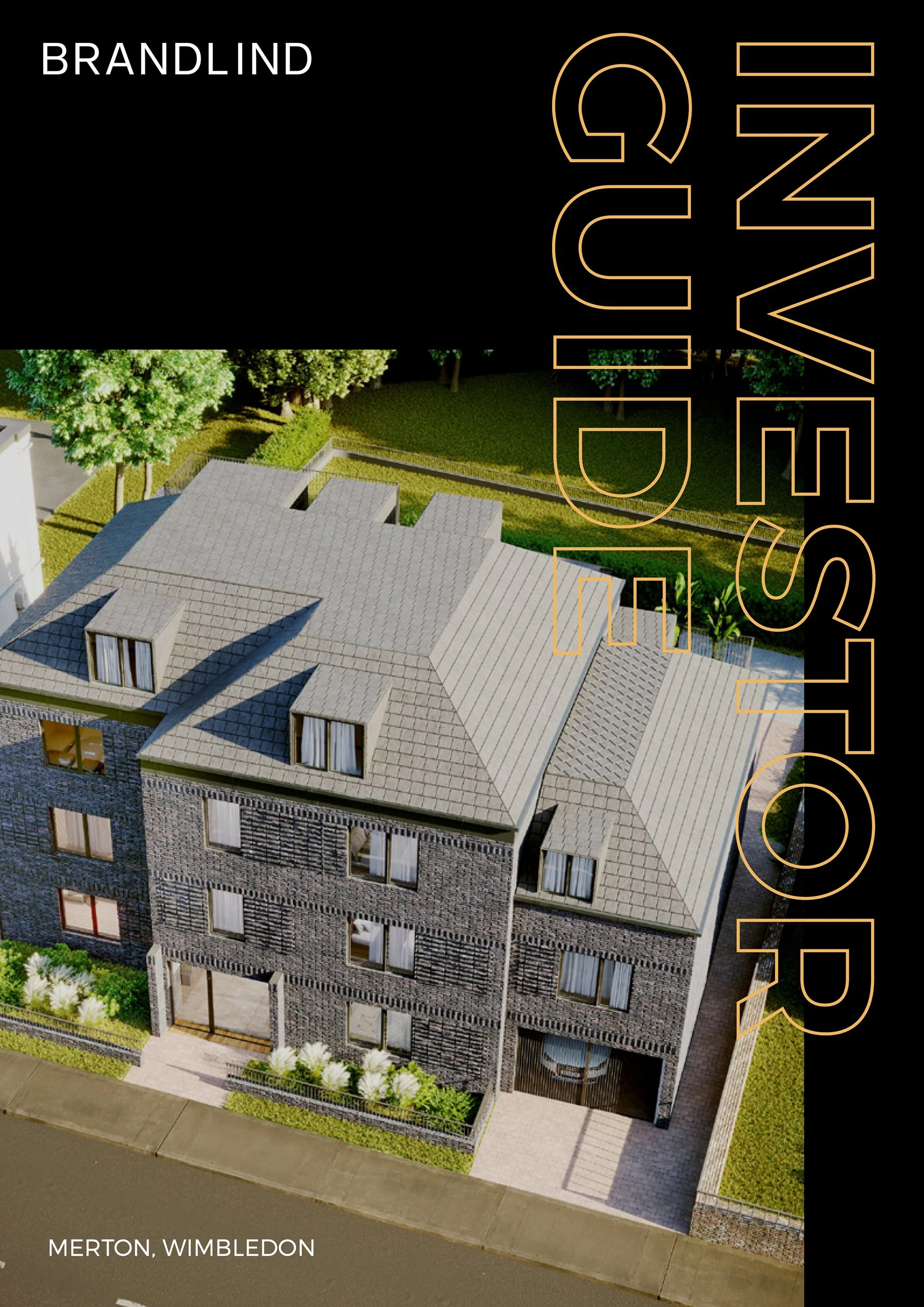 Aerial view of a modern, multi-story residential building with a gray roof, brick walls, and large windows, with greenery and a sidewalk in front.