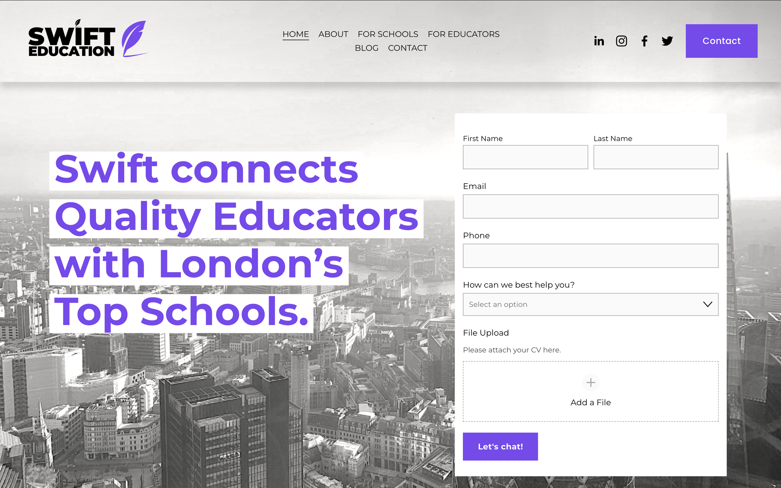 Website homepage for Swift Education with a black and white aerial cityscape background, bold purple headline text, and a contact form on the right side.