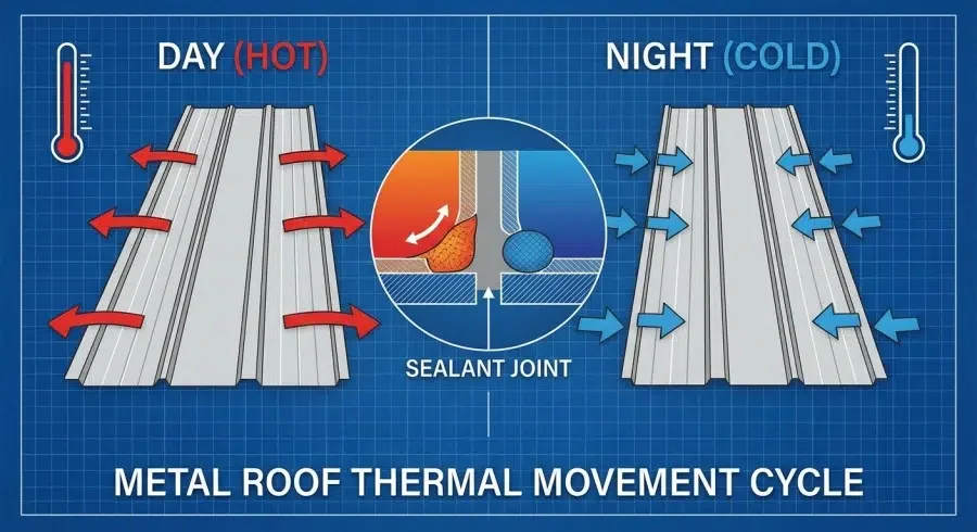 Diagram showing the metal roof thermal movement cycle, a common cause of joint failure requiring professional roof leak repair.