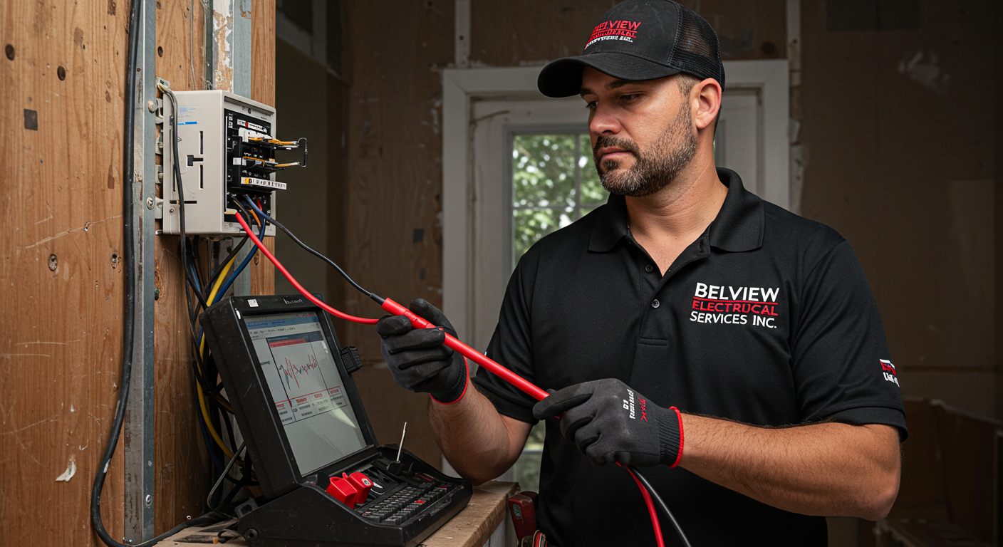A male electrician working with electrical equipment, using a multimeter and testing electrical wiring in a residential setting.