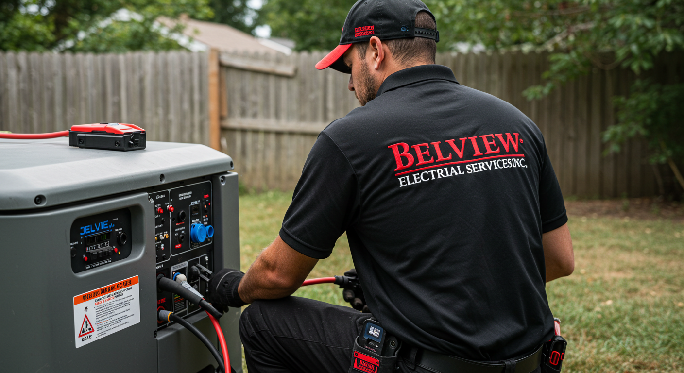 A technician from Belview Electrical Services Inc. working outdoors on electrical equipment, wearing a black uniform and cap, with a wooden fence and trees in the background.