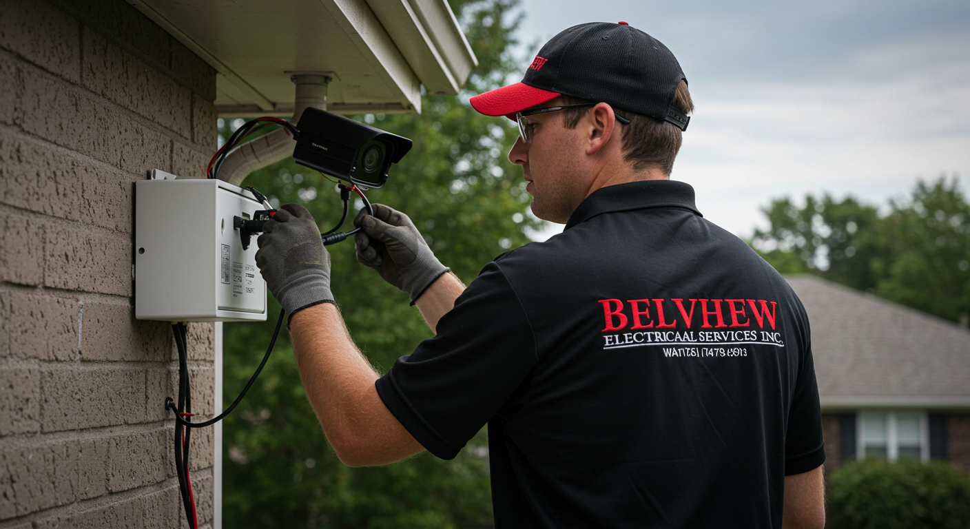 A male electrician wearing a black polo shirt and cap working on electrical wiring outside a house.