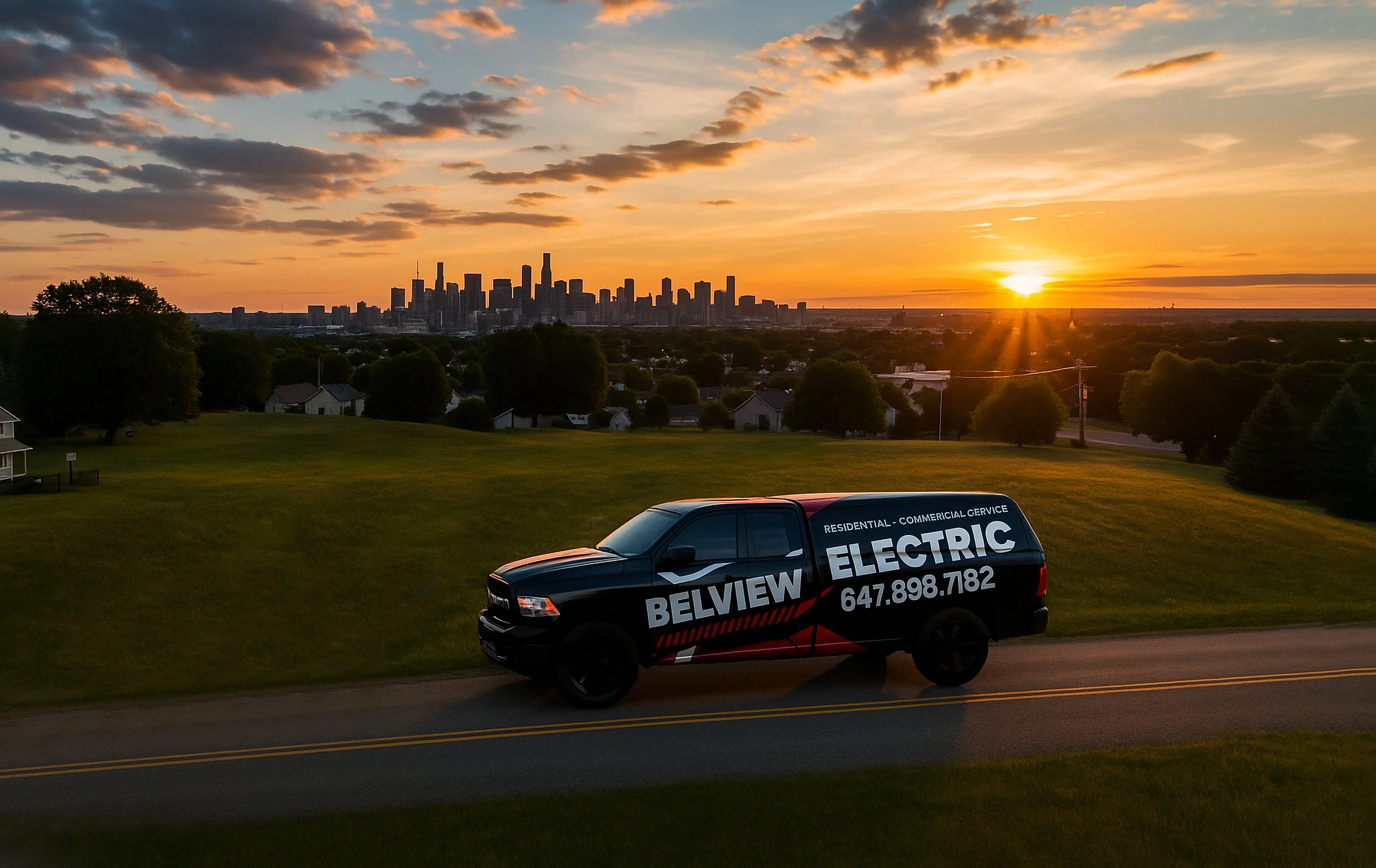 A black electric service vehicle with Belview Electric branding driving on a rural road at sunset with a city skyline in the background.