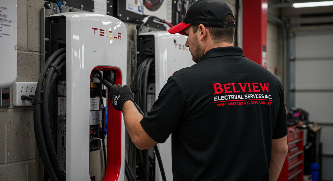 A technician in a black shirt with red and white text working on electrical equipment labeled Tesla in an industrial garage.