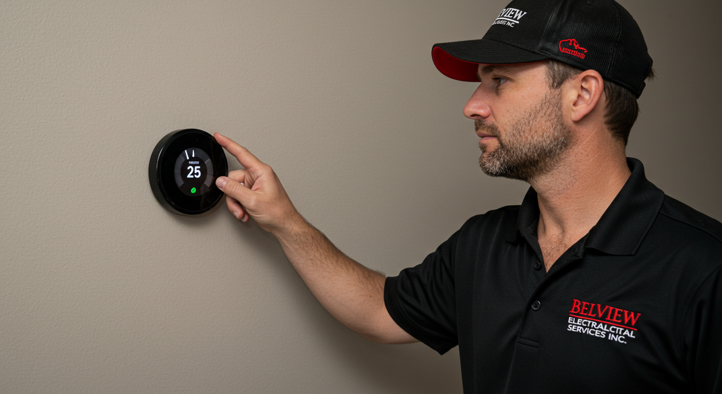 A man wearing a black 'Belview Electrical Services Inc.' polo shirt and cap adjusting a thermostat on a beige wall.