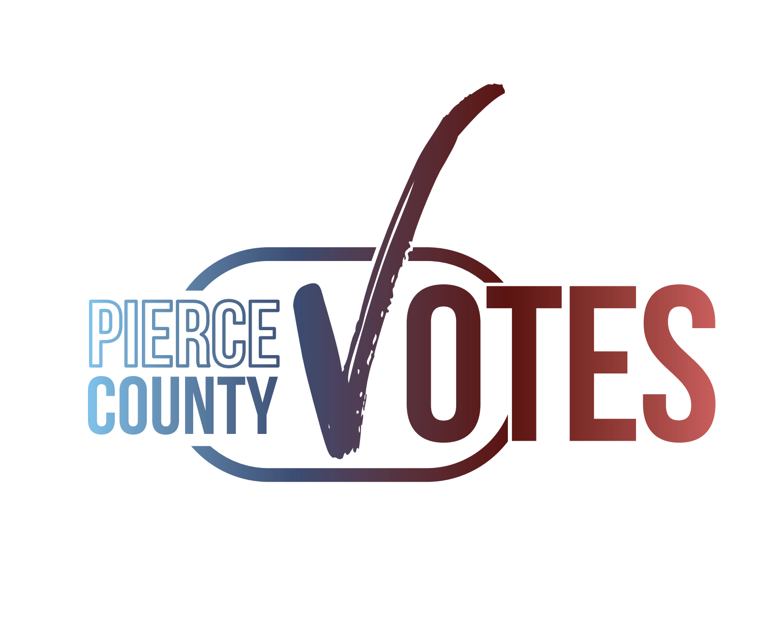 Logo for Pierce County Votes featuring a checkmark incorporated into the word 'Votes' with the words 'Pierce County' on the left and the checkmark and 'Votes' stylized in red and blue colors.