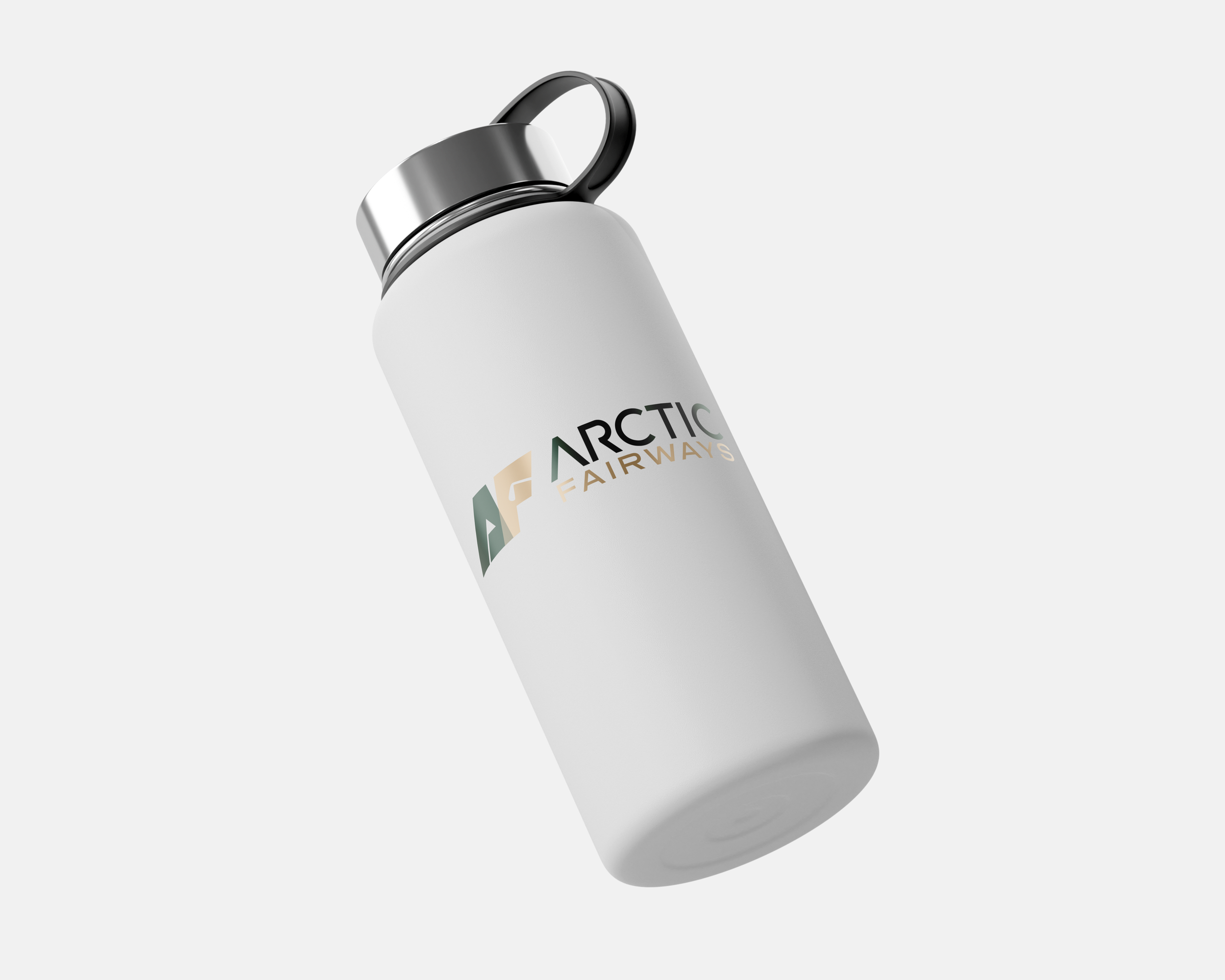 Close-up of an Arctic Fairways branded water bottle with the logo printed on the side, set against a clean background.