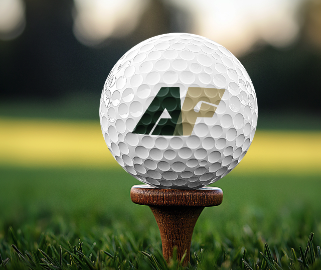 Close-up of an Arctic Fairways branded golf ball resting on a wooden tee, with grass softly blurred in the background.
