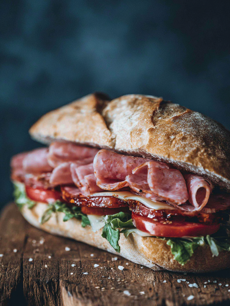 Close-up of a hero sandwich with sliced bread, layered with lettuce, tomato, slices of ham, cheese, and possibly bacon.