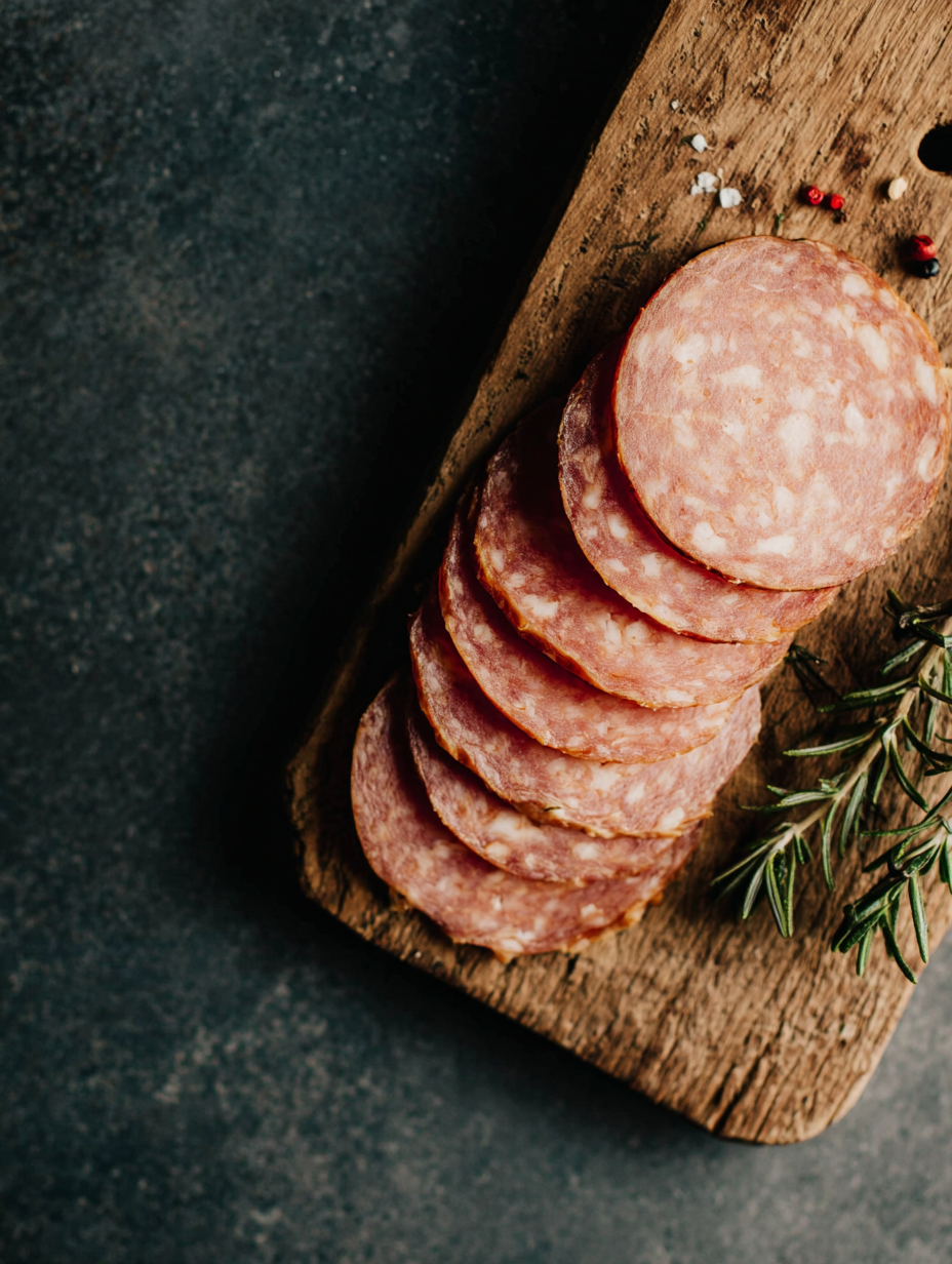 Slices of salami on a wooden cutting board with peppercorns and rosemary nearby.