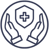 Icon of two hands holding a shield with a medical cross.