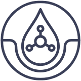A dark blue abstract logo with a central droplet shape containing interconnected circles and lines, surrounded by a circular outline.