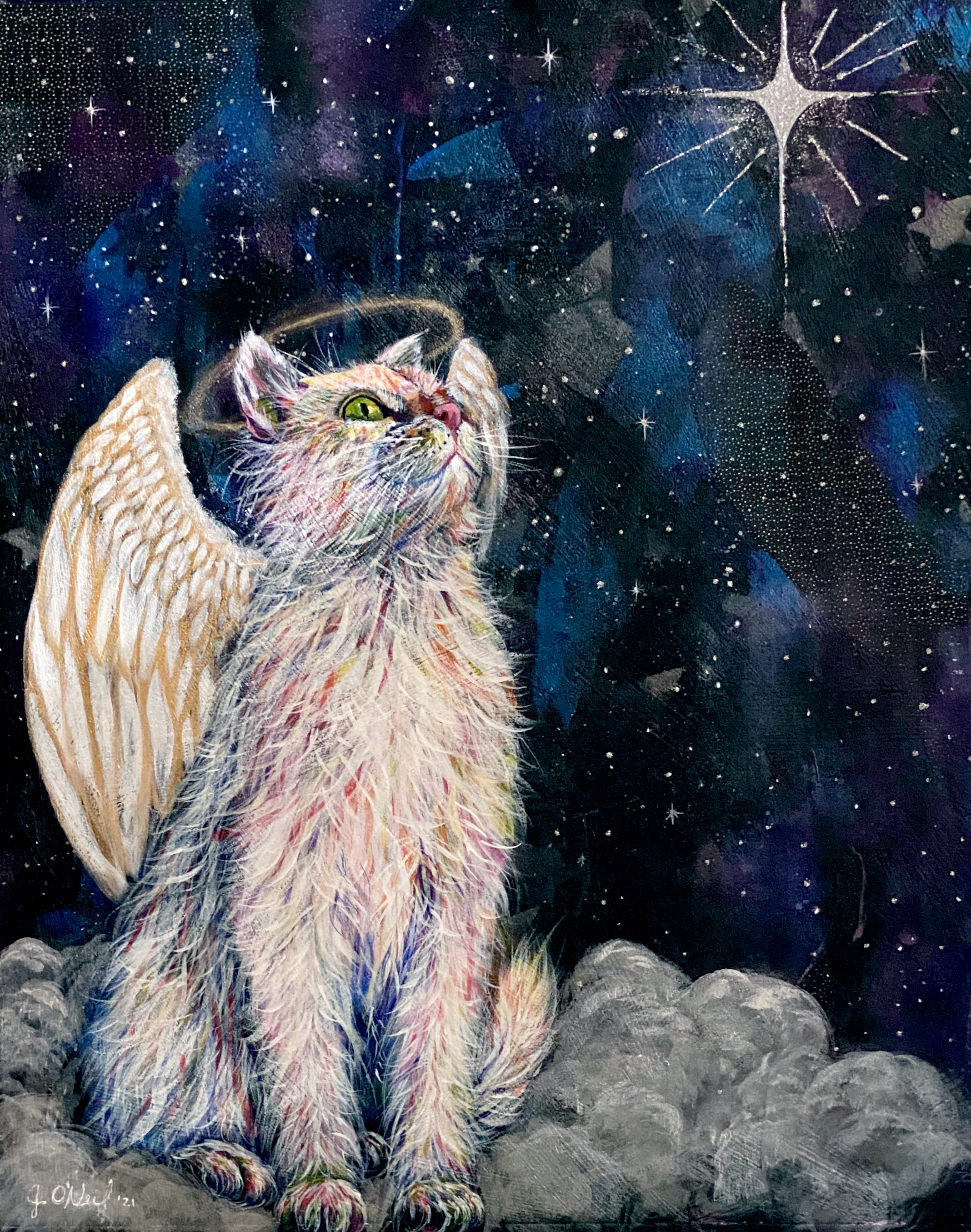 Pussycat Sees a Star $300 16 X 20" Mixed Media on Premium paper