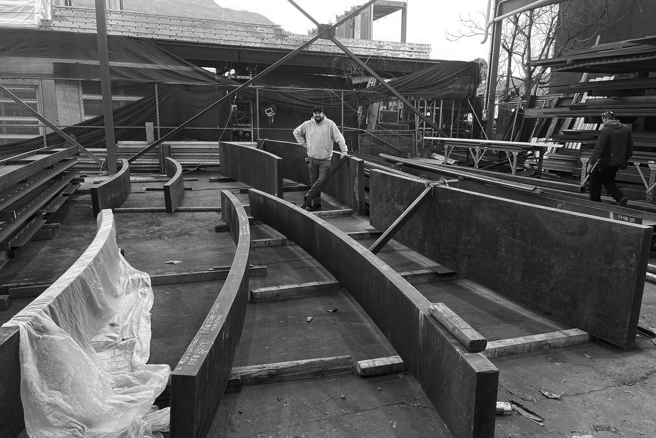 Pieces of the iron staircase during fabrication at the Red Ironworks office