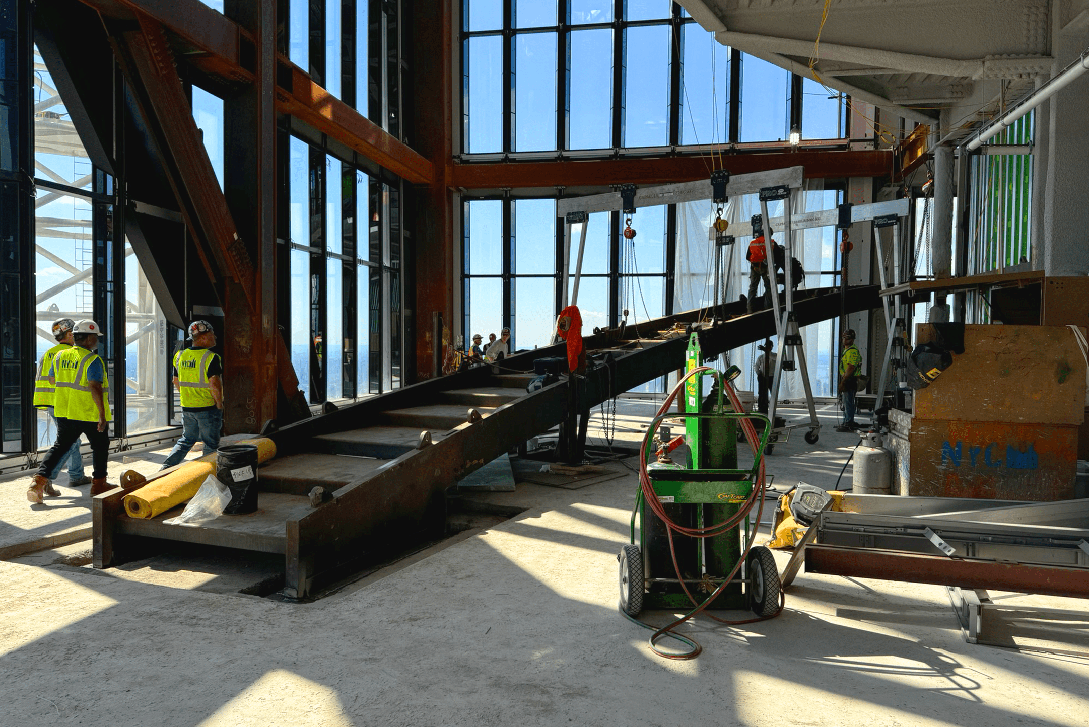 The staircase being installed at JP Morgan Chase headquarters.