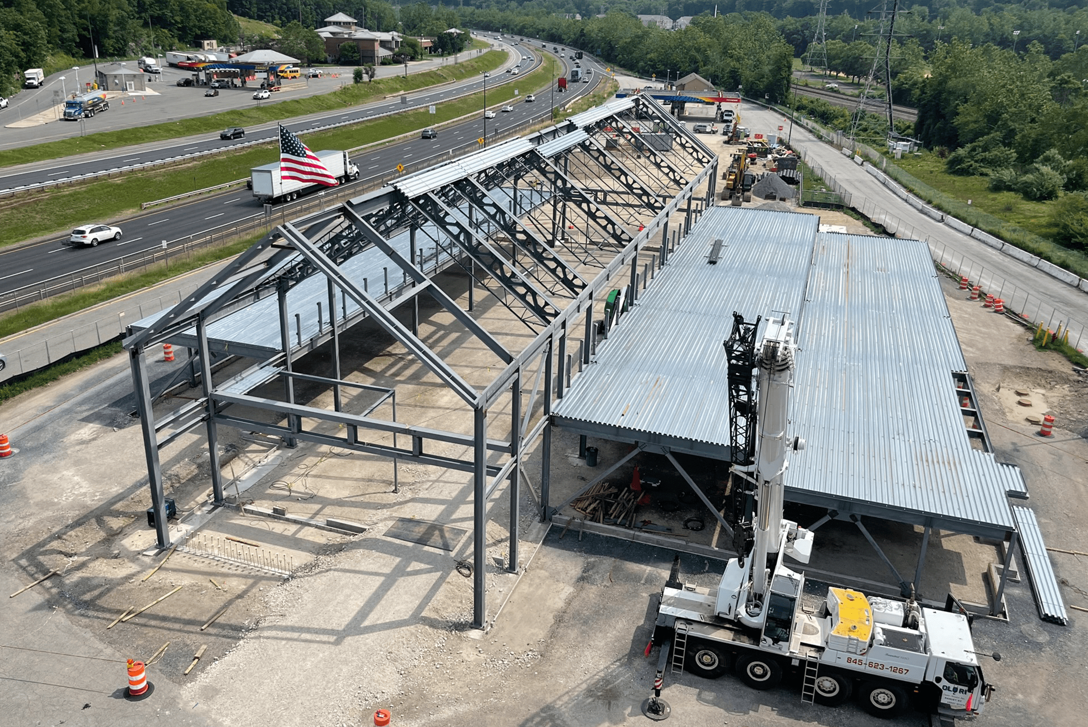 Bird's eye view of building structure and the NY State Thruway