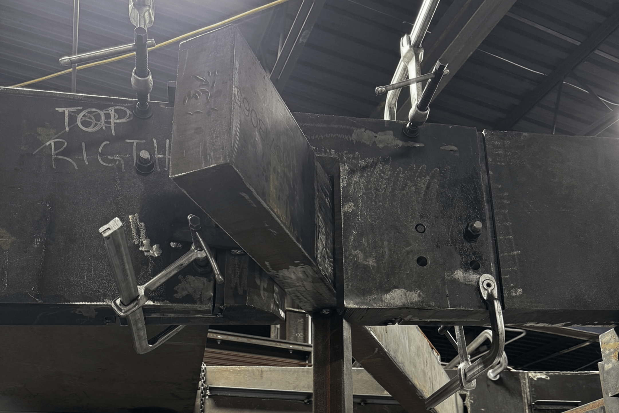 Close up view of the top right portion of the staircase during fabrication