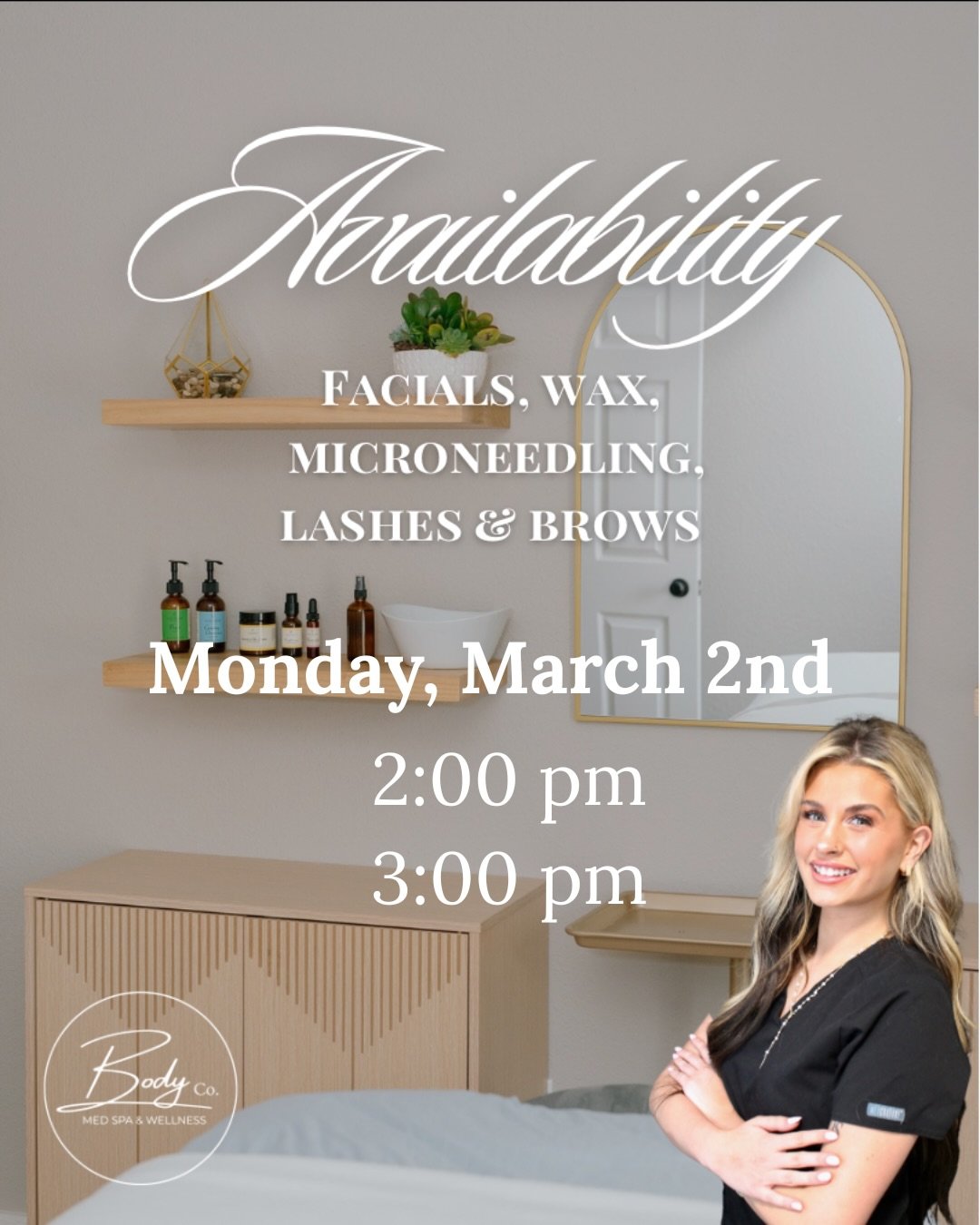 Monday 📣 @maddy_bodyco.medspa.wellness has two openings Monday for all your skin needs. 

Robyn is full but does have a few appointments open on Friday, March 6. Be sure to schedule them now to secure your time. 

Hope to see you here! 🤍🧖🏼&zwj;♀️