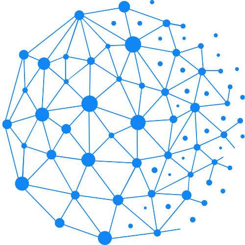 Blue network diagram with interconnected nodes and small dots on a black background.
