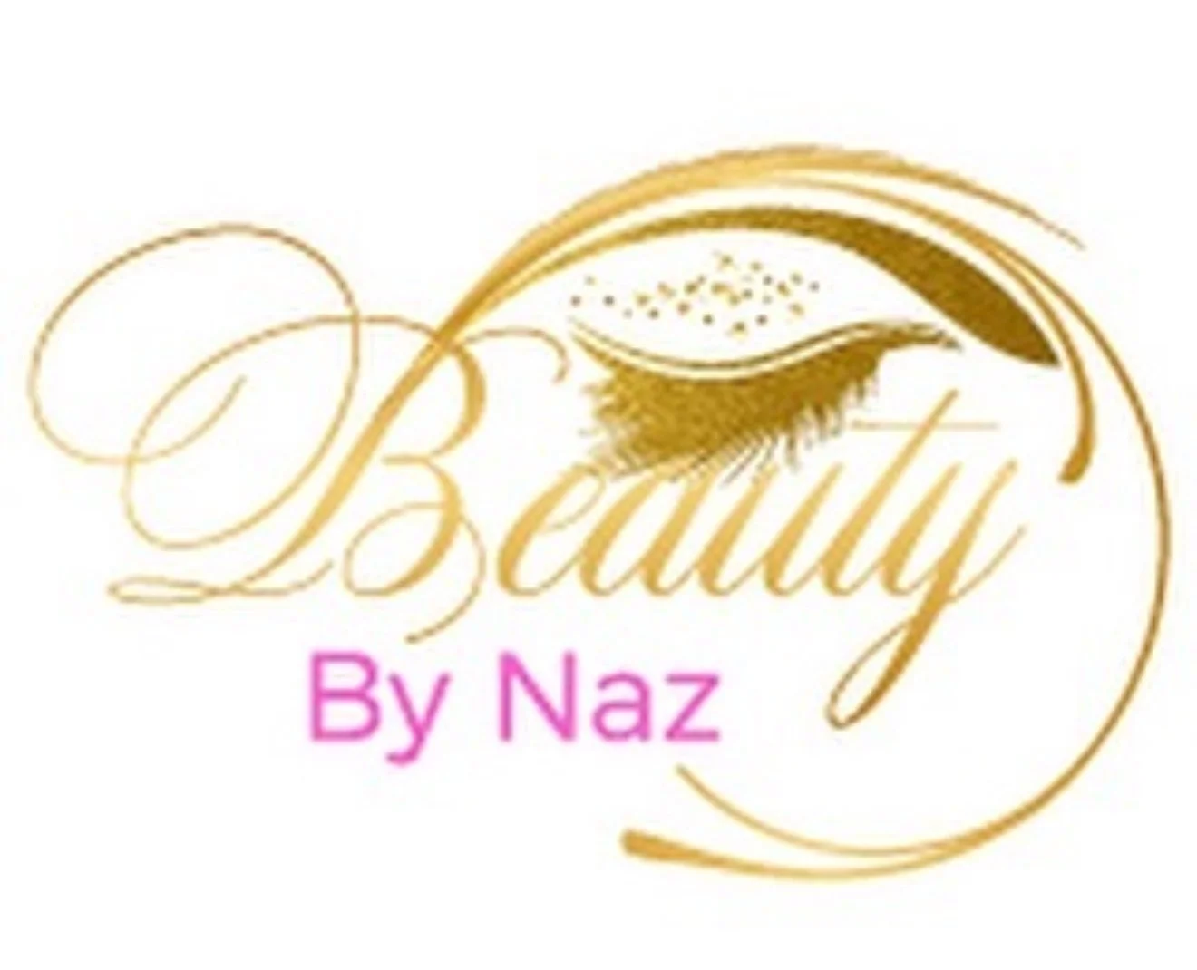 Gold and pink logo for 'Beauty By Naz' featuring an eye illustration with long eyelashes and decorative swirls.