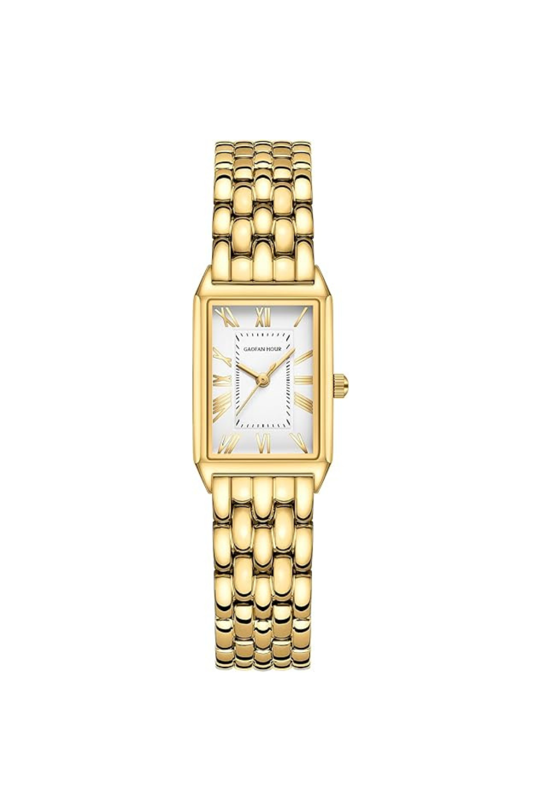 Gold Watches for Women with Vintage Rectangular Case, White Roman Dial, Stainless Steel Band, Adjustment Tool Included, Water Resistant