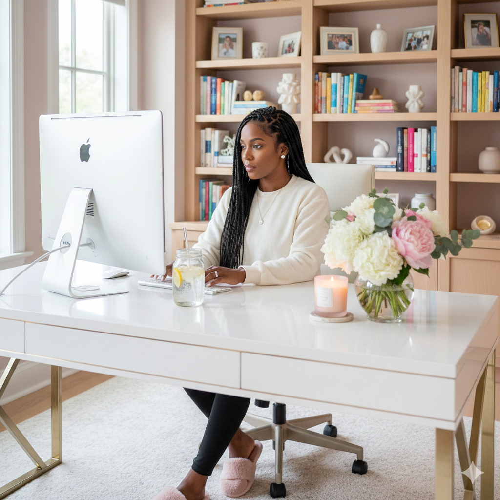 A woman working at a white desk in front of a computer, with a flower vase, candle, and glass of lemon water on the desk, and a bookshelf with framed photos and decorative items in the background.