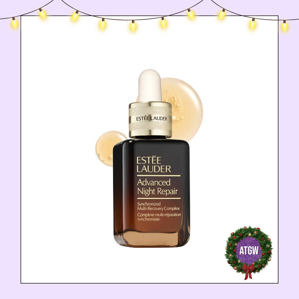 Estée Lauder Advanced Night Repair Synchronized Multi-Recovery Complex face serum bottle with dropper top over golden liquid serum swatches.