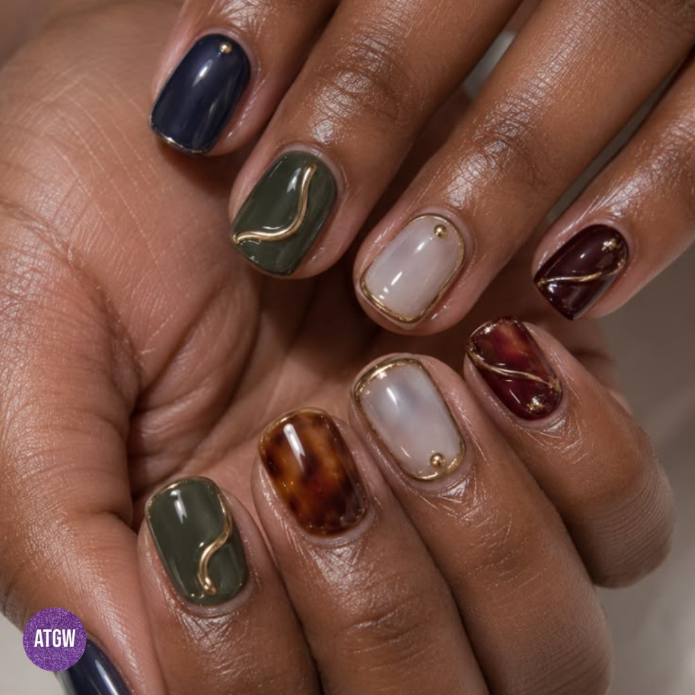 Nail design featuring mixed textures, tortoiseshell prints, and 3D gold wire accents.