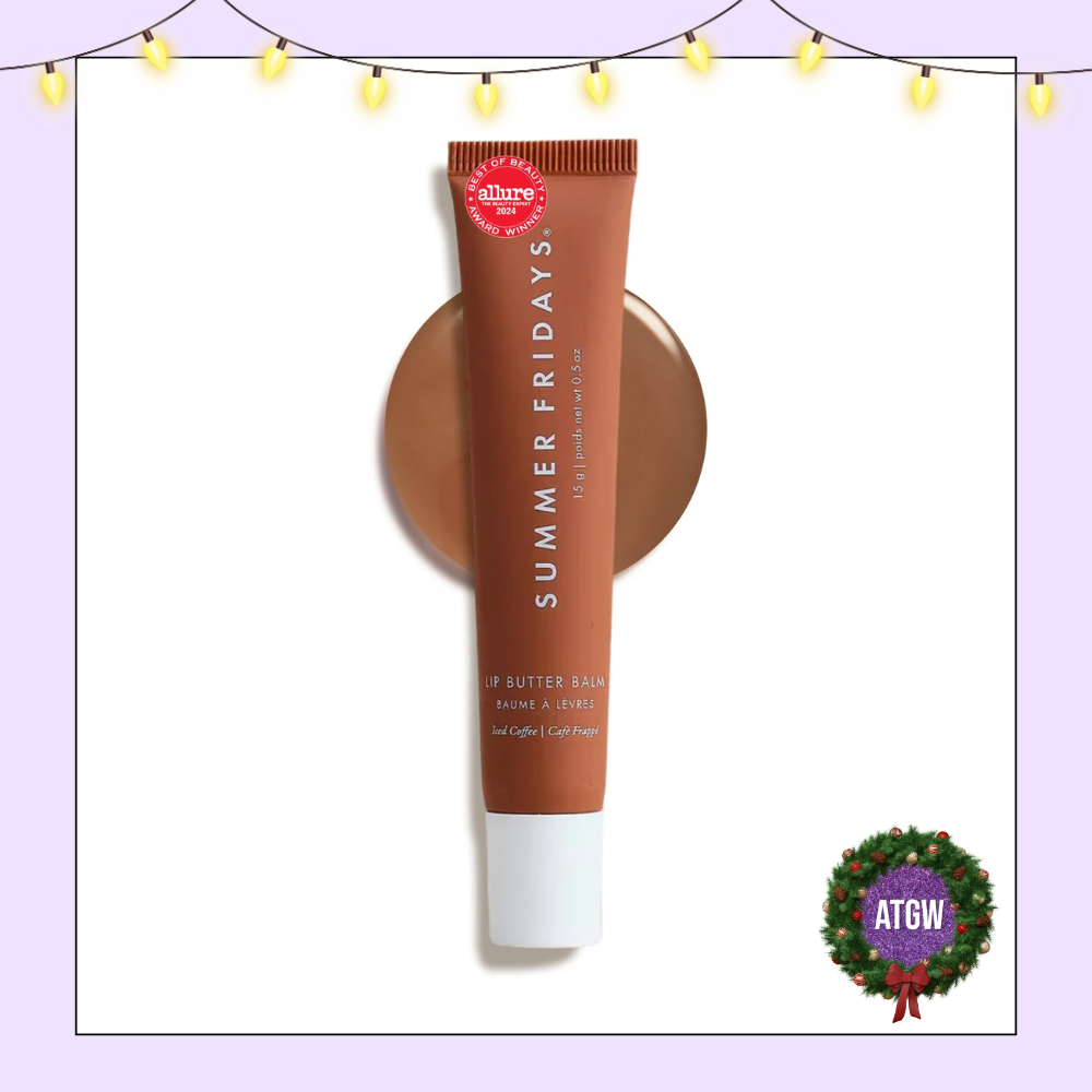 Summer Fridays Lip Butter Balm in the shade Iced Coffee displayed over a glossy cocoa brown lip gloss swatch with an Allure Best of Beauty seal.