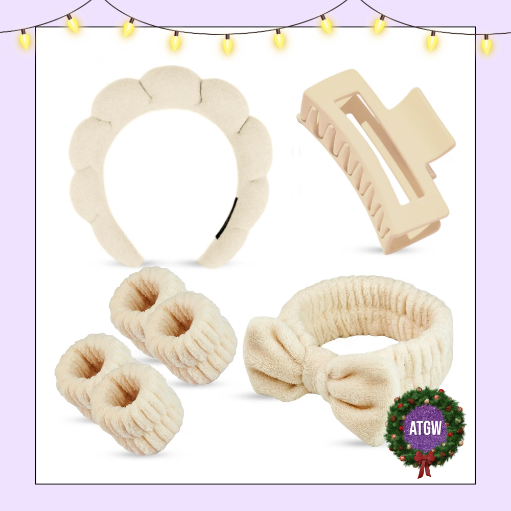 Cream-colored skincare accessory set featuring a bubble spa headband, bow headband, four plush wrist washbands, and a matching hair claw clip.