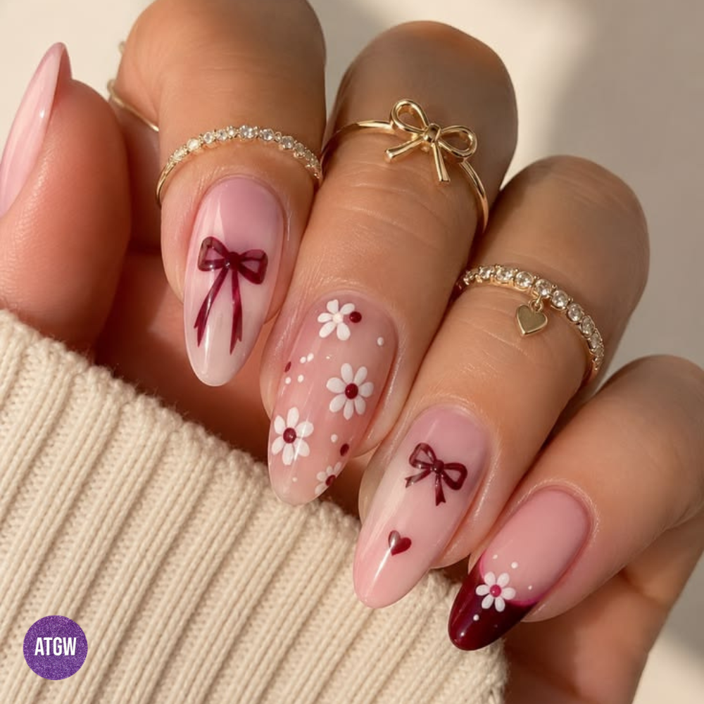 Soft pink milk nails adorned with rich burgundy ribbons and dainty white blooms, blending sweet coquette charm with a sly, dark-autumn edge.