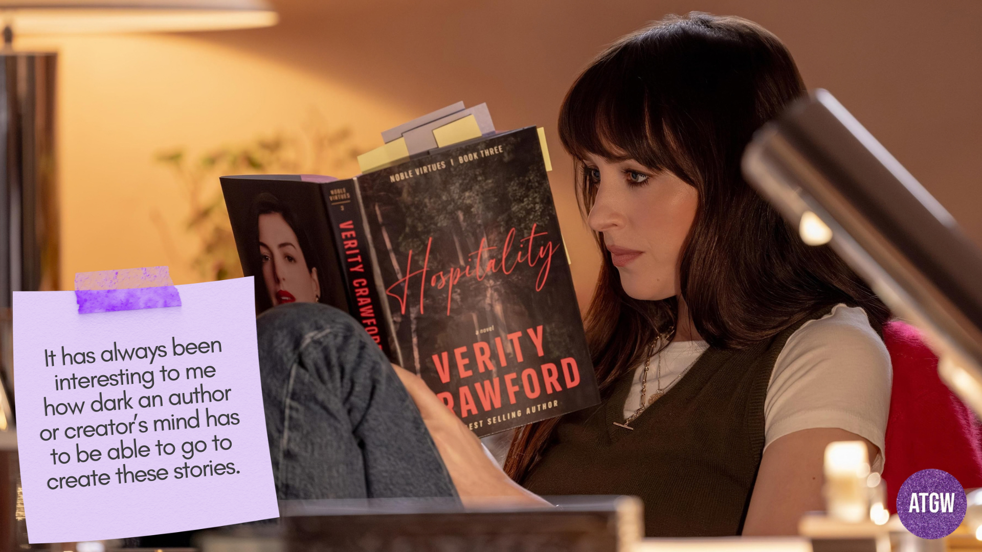 Lowen Ashleigh reading Verity Crawford's Hospitality book.