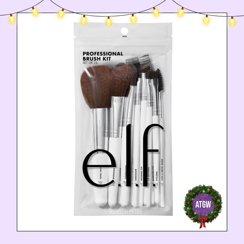 Set of twelve white e.l.f. professional makeup brushes organized inside a clear zippered travel pouch.