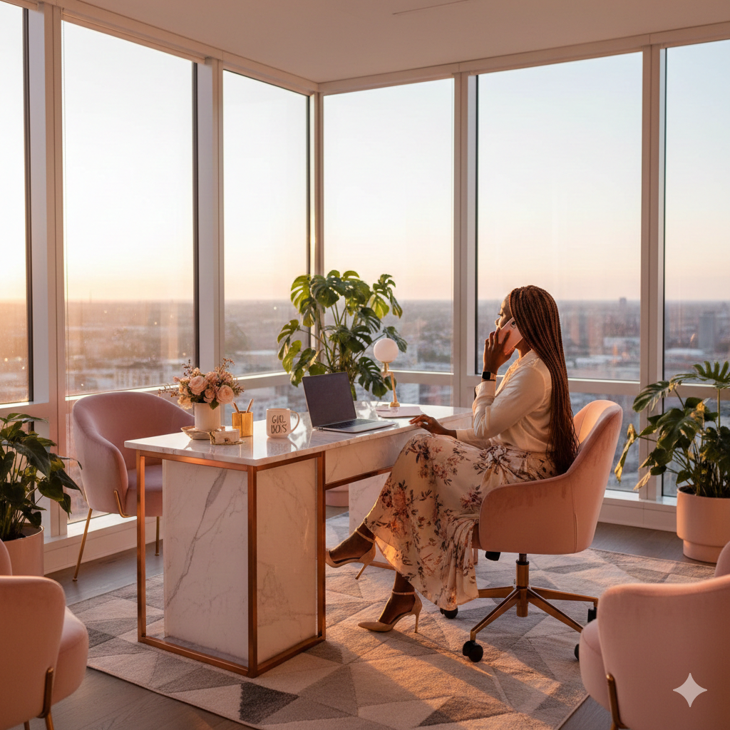 A woman sitting at a desk in a modern office with large windows showing a city view at sunset. She is on the phone, working on a laptop, surrounded by plants and decor.