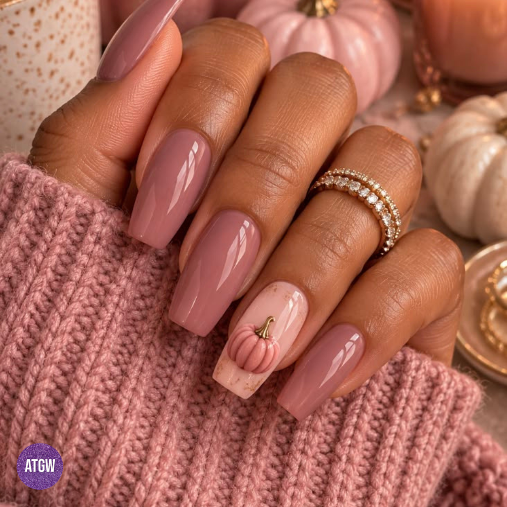 Fall nail design featuring dusty rose and 3D pink pumpkin. A polished dusty rose coffin set featuring a sculpted 3D pink pumpkin accent, proving you can do autumn sweater-weather vibes without giving up your signature color.