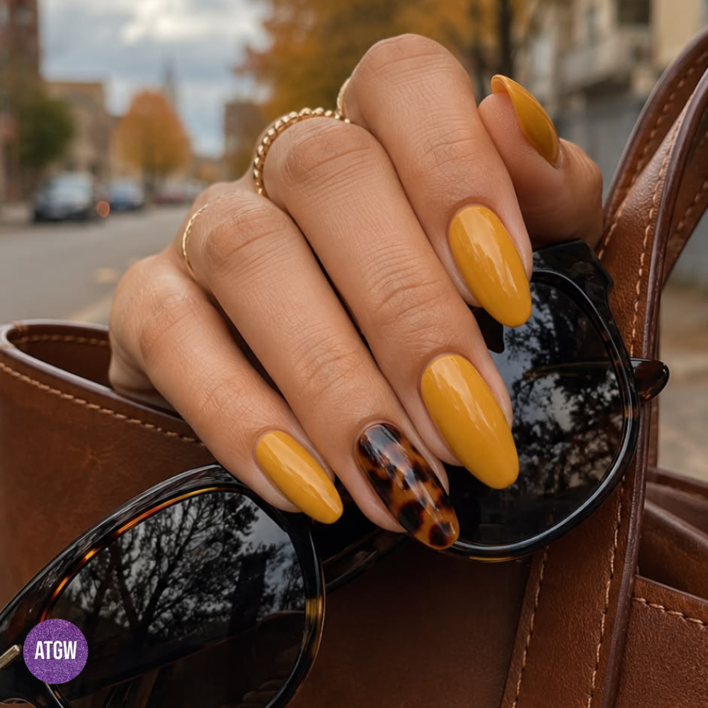 Fall nail design featuring bright, sunny mustard paired with a glossy tortoiseshell accent.