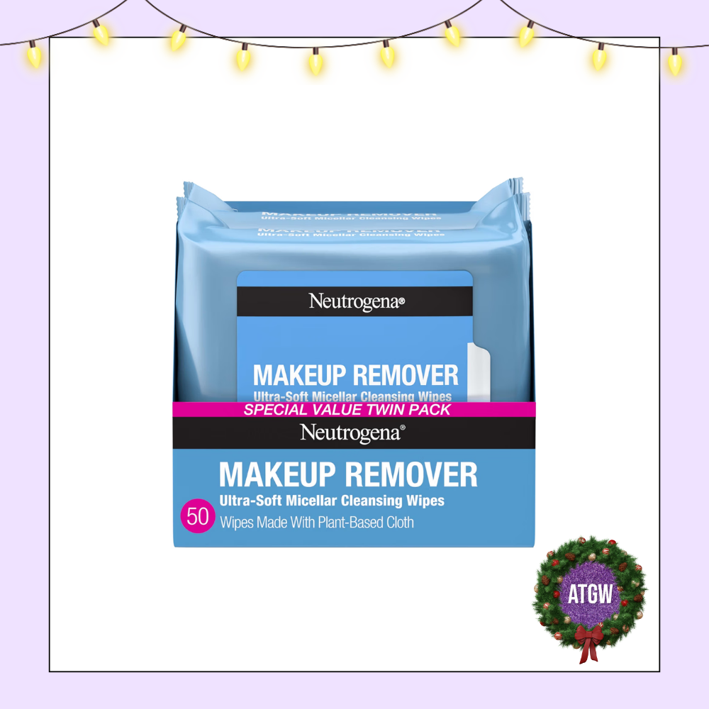 Twin pack of Neutrogena ultra-soft micellar makeup remover cleansing wipes in light blue packaging.
