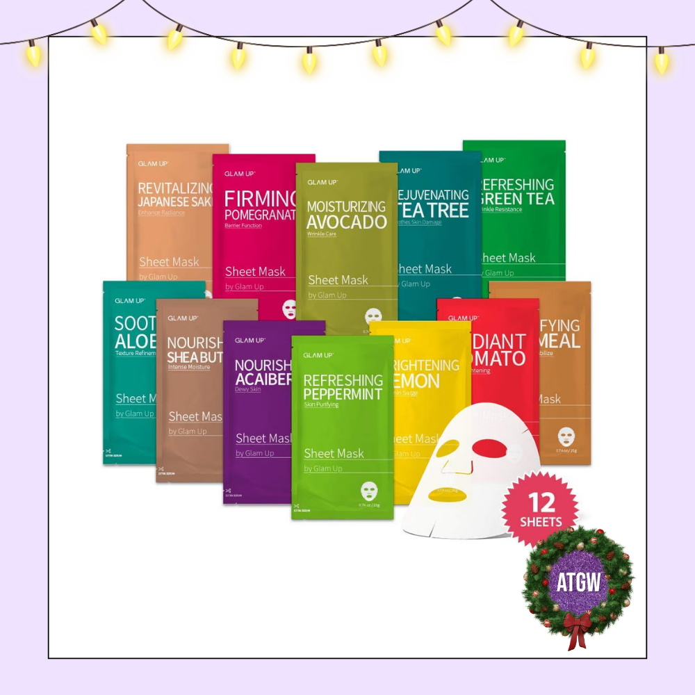 Fan arrangement of twelve colorful GLAM UP Korean facial sheet mask packets surrounding a white sheet mask.