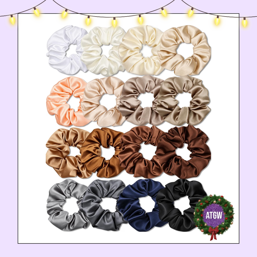 Multi-pack of 16 satin hair scrunchies arranged in rows featuring neutral shades of white, cream, tan, brown, gray, navy, and black.