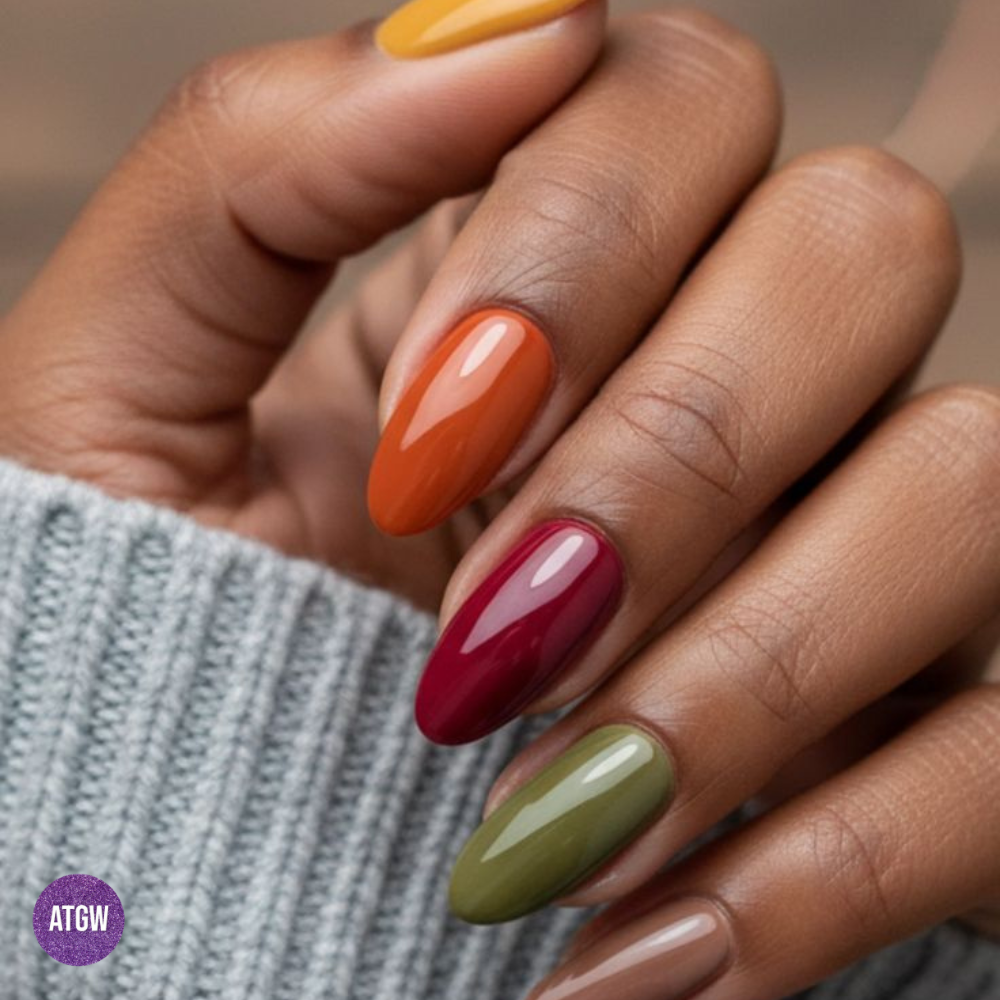 Earthy nail design that features fall colors like warm mustard, burnt orange, rich burgundy, and olive green; multi-color manicure. It's the perfect nail design for fall.
