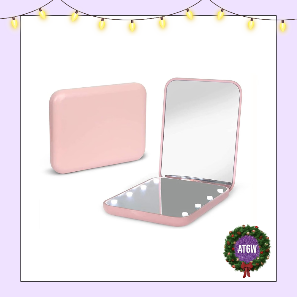 Battery operated travel compact mirror with bright LED light for holiday gift guide.
