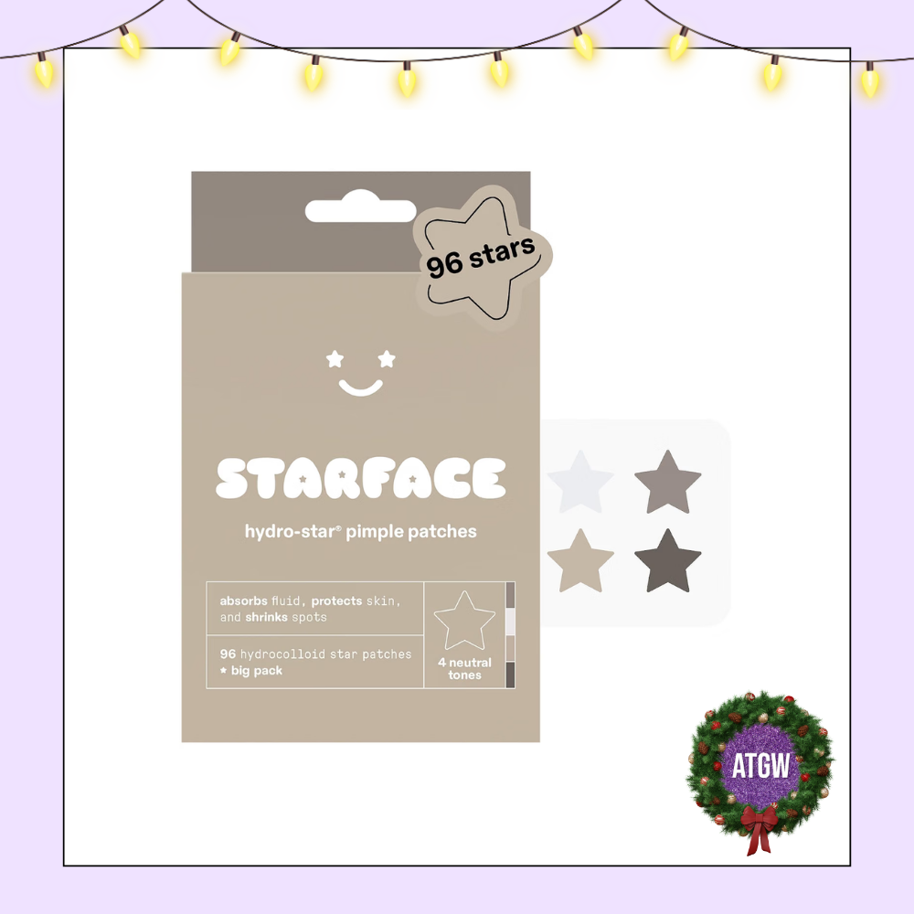 Tan box of Starface Hydro-Star pimple patches in 4 neutral tones pictured alongside star-shaped patches in white, tan, and brown skin shades.